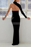 Chic Black Long Sleeve One Shoulder Backless Mermaid Prom Dress Dresses