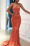 Orange Mermaid Open Back Square Neck Prom Dress