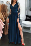 Sexy Dark Navy Long Sleeves Lace Thigh-high Slit Prom Dress