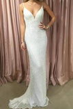 White Sequined spaghetti Straps Open Back Long Prom Gown