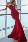 Simple Red Off Shoulder V-neck Mermaid Open Back Prom Dress