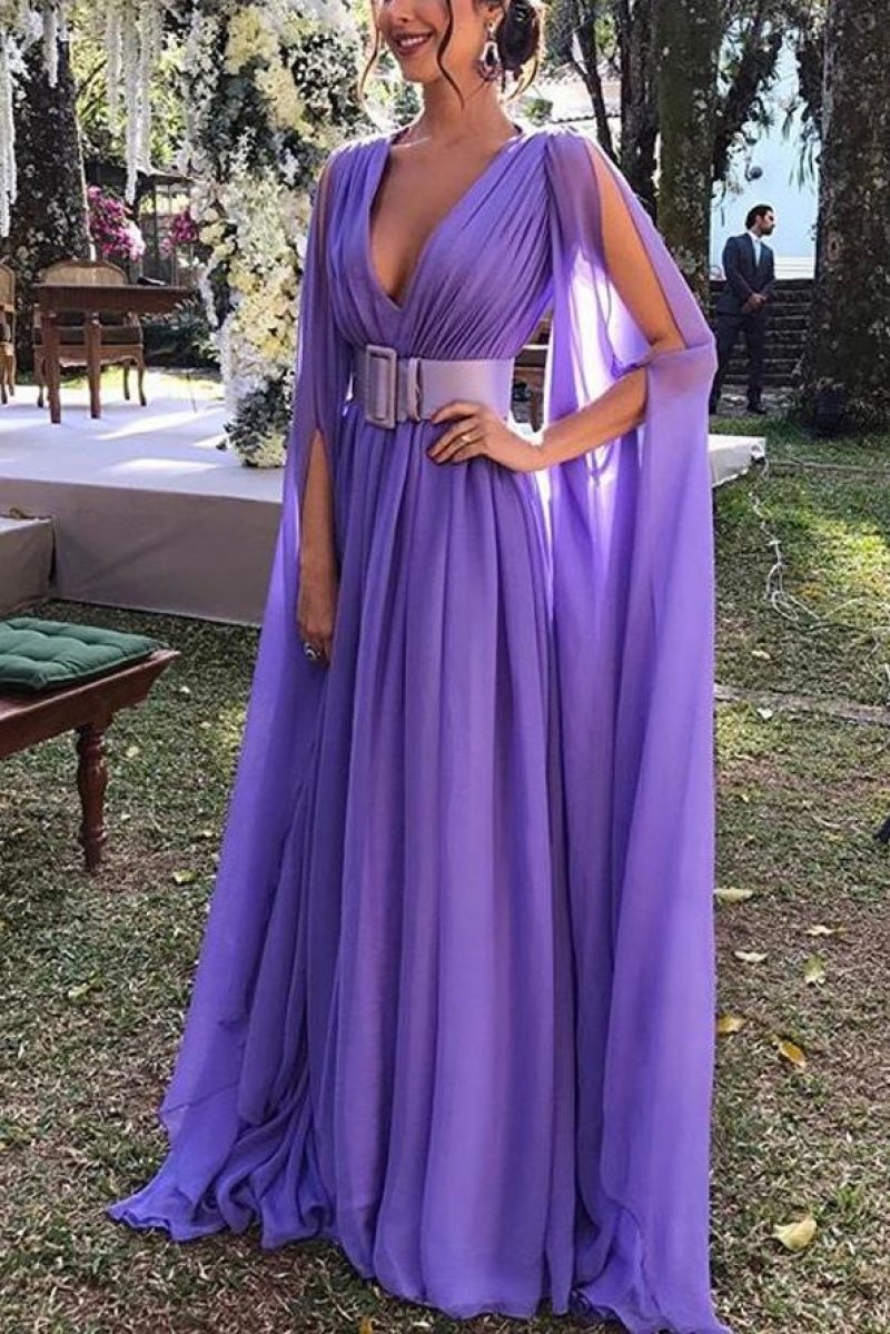Regency Deep V-Neck A-Line Belt Ruffled Party Prom Dress Dresses