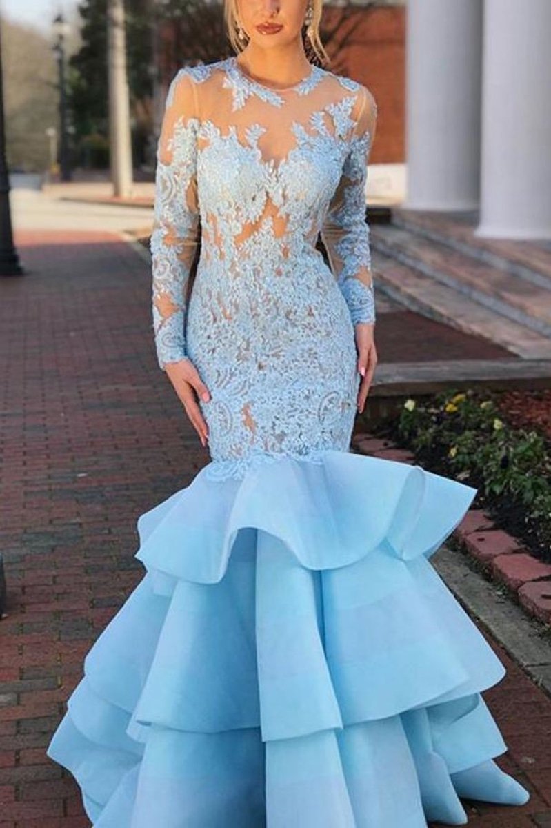 Light Sky Blue Lace Long Sleeves Mermaid Open Back Ruffled Prom Gown Dresses