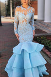 Light Sky Blue Lace Long Sleeves Mermaid Open Back Ruffled Prom Gown Dresses