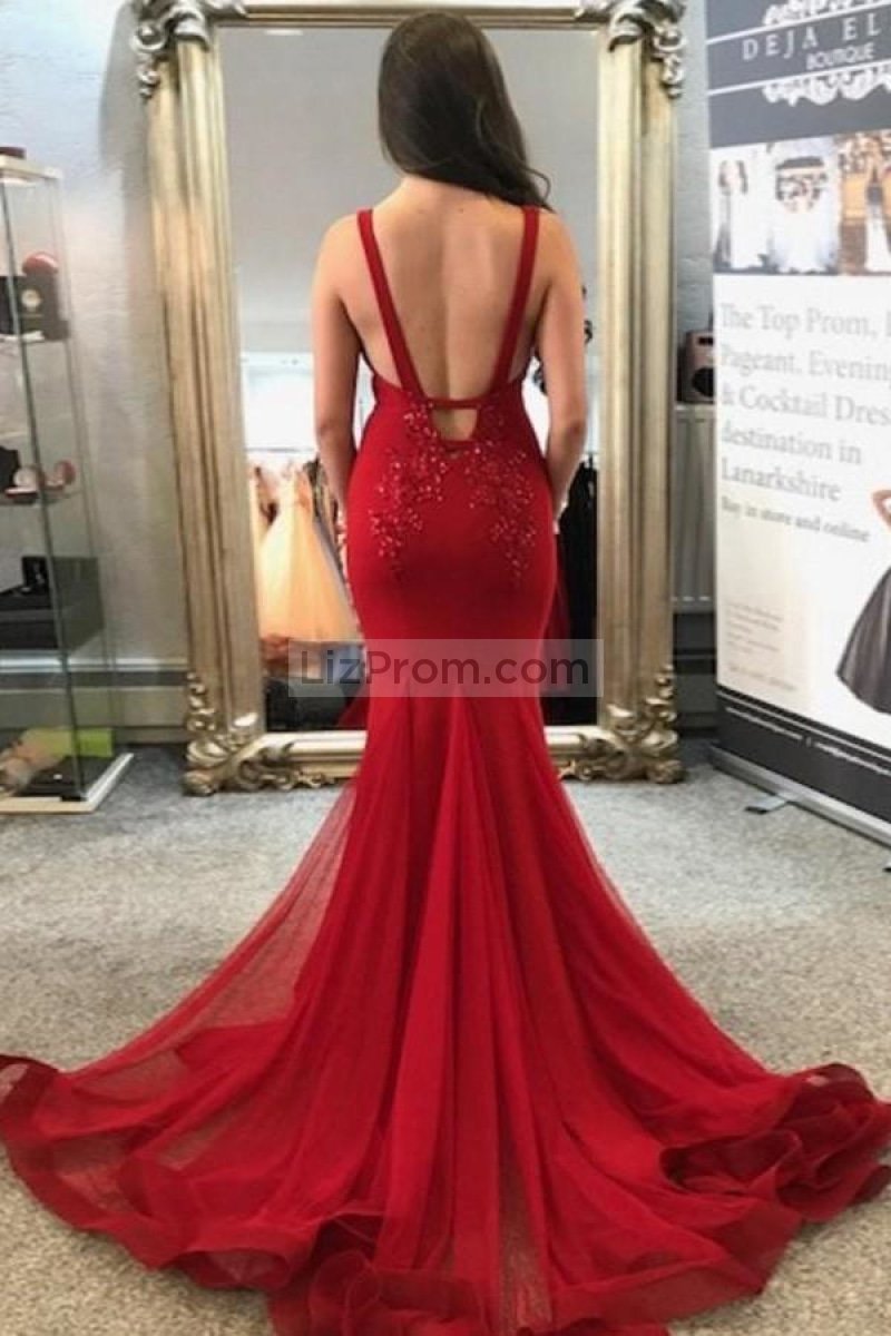 Charming Red V-Neck Mermaid Open Back Applique Prom Dress Dresses