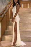 Sexy White Halter Sleeveless Backless Slit Mermaid Prom Dress