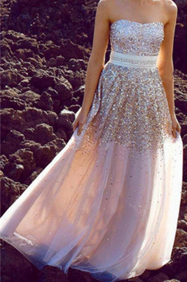 Chic Sparkly Strapless A-line Princess Long Prom Dress