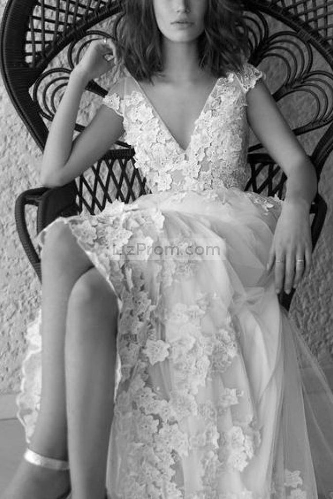 Charming White A-Line V-Neck Applique Open Back Wedding Dress Dresses