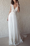 Sexy White A-Line V-neck Applique Prom Wedding Dress