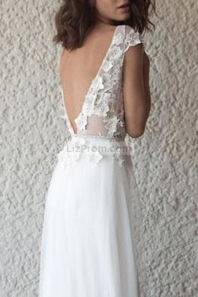 Charming White A-Line V-Neck Applique Open Back Wedding Dress Dresses