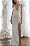Sexy White Deep V-neck Open Back Applique Slit Wedding Dress