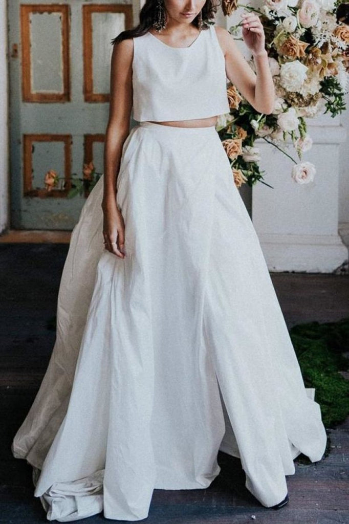 Simple Two Pieces A-Line Sleeveless Slit Long Wedding Dress Dresses