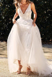 Vintage A-line Applique Lace-Up V-neck Wedding Dress