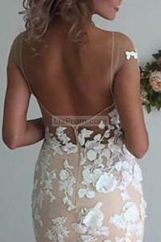 Vintage Mermaid Applique Backless Cap Sleeves Wedding Dress