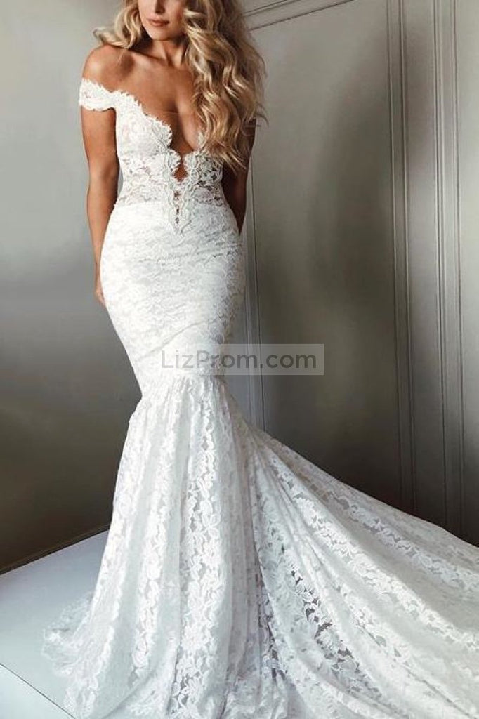 Popular Sexy White Lace Off Shoulder Mermaid Long Wedding Dress Dresses