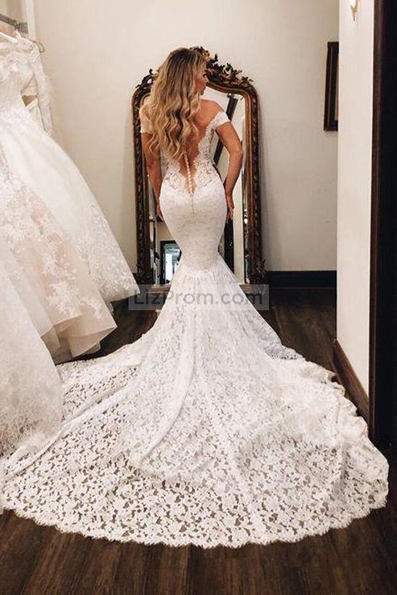 Popular Sexy White Lace Off Shoulder Mermaid Long Wedding Dress Dresses