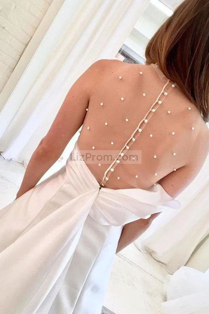 Special A-Line Sleeveless Tulle Beaded Covered Button Wedding Dress Dresses