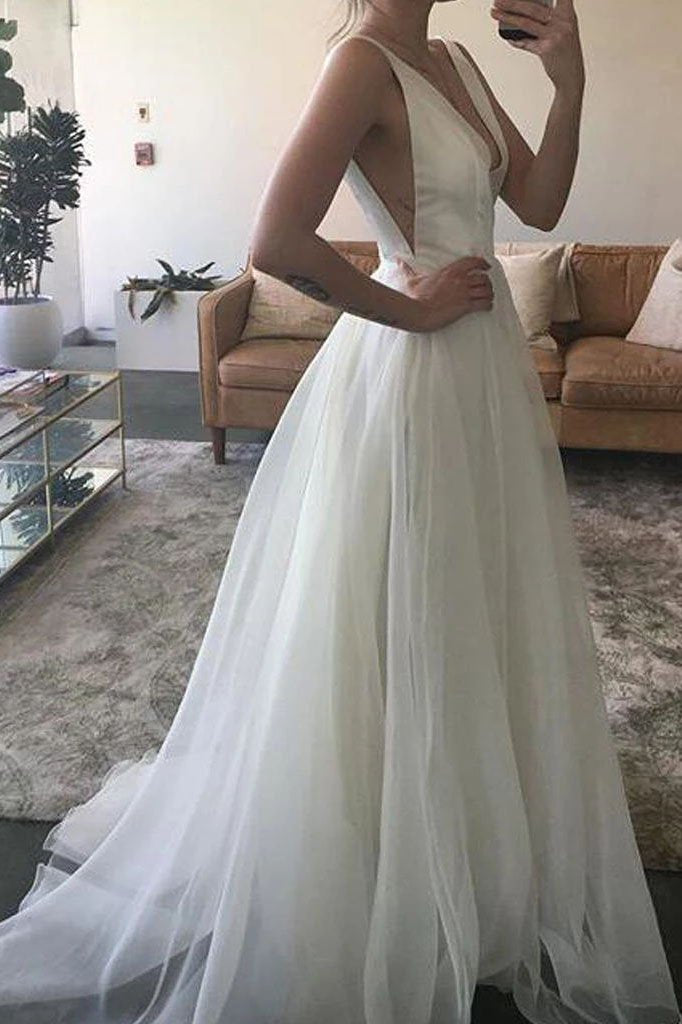 Simple White Deep V-neck A-Line Prom Dress