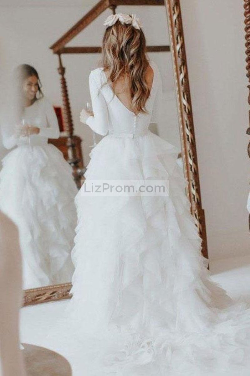 Charming Long Sleeves Covered Button Tulle A-Line Wedding Dress Dresses