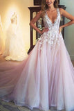 Pearl Pink A-Line V-neck Sleeveless Applique Wedding Dress