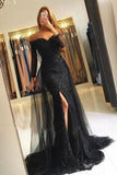 Black Mermaid Off-the-shoulder Sleeves Lace Prom Dress