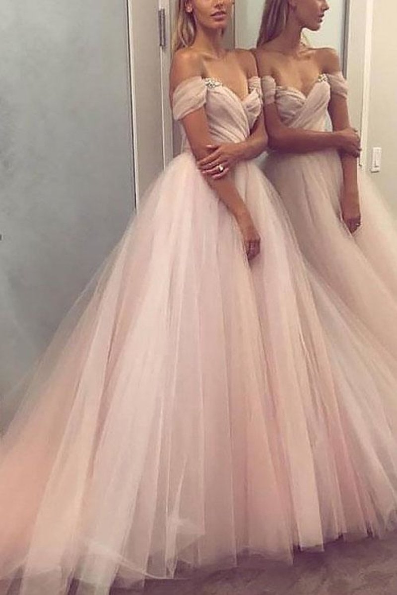 Pearl Pink Off Shoulder Rhinestone Princess Prom Ball Gown Dresses