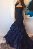 Dark Navy Lace Mermaid Ruffled Strapless Prom Dress
