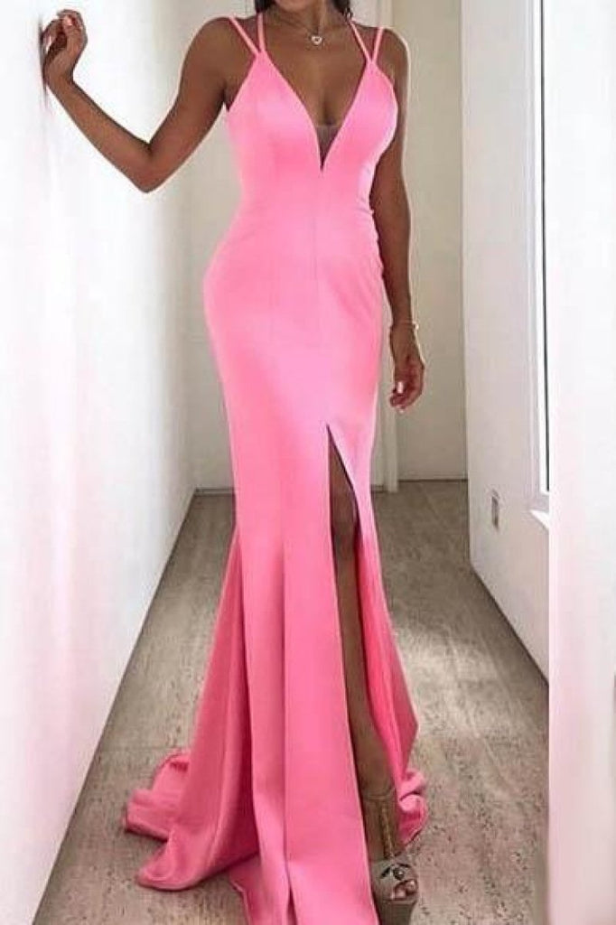 Candy Pink Lace-Up V-Neck Slit Mermaid Evening Prom Dress Dresses