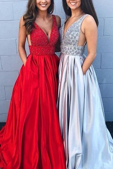 Red Deep V-neck Beaded Sleeveless Ball Gown Prom Dress