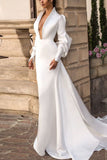 White Long Sleeves Cut Out Deep V-neck Formal Dress