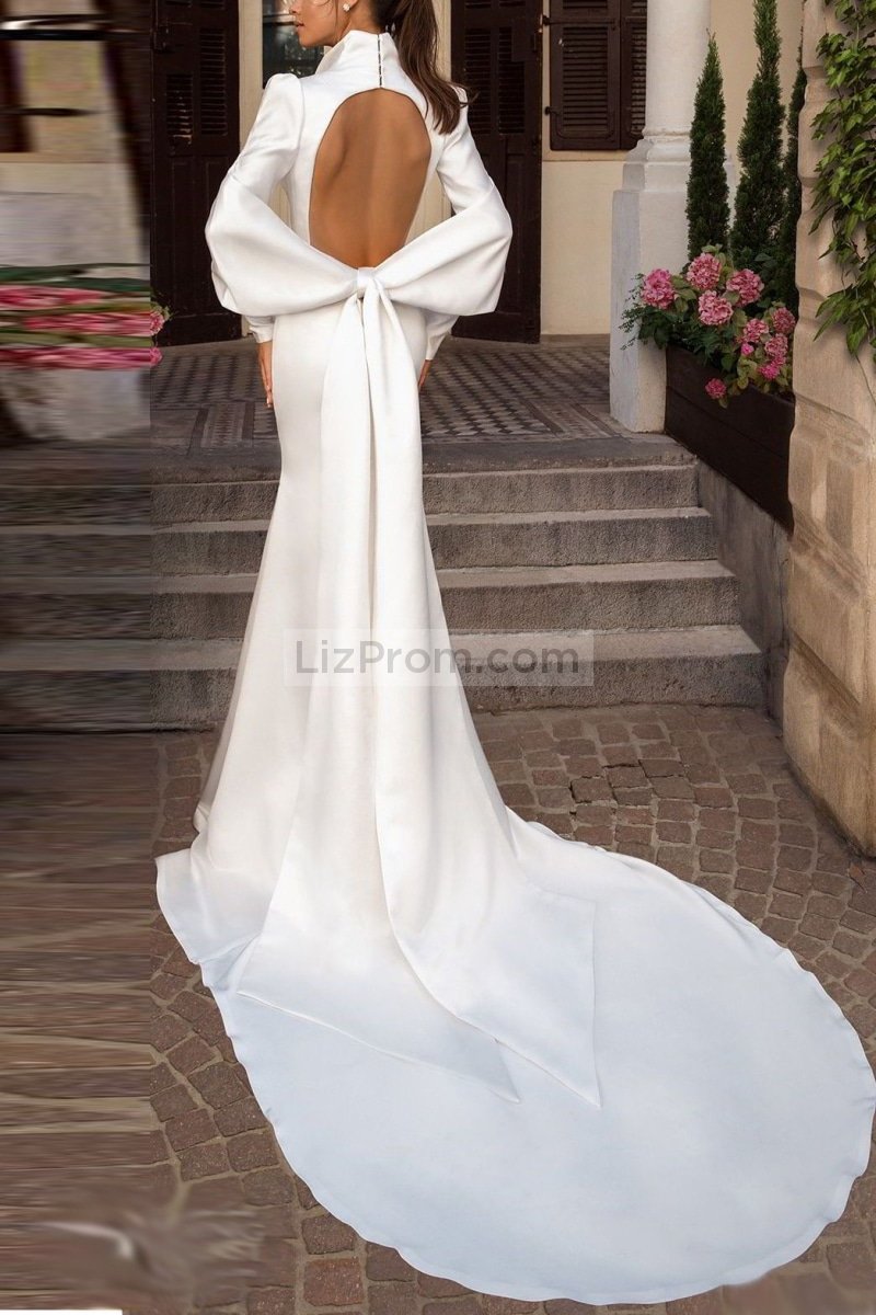 Delicate White Long Sleeves Deep V-Neck Wedding Dress Dresses