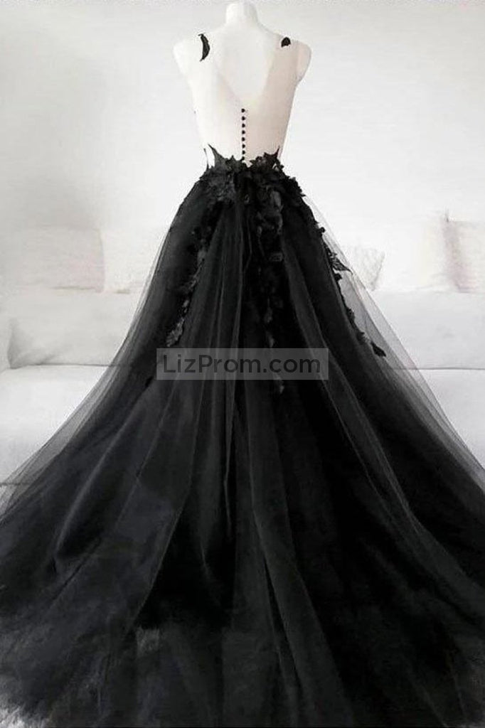 Black Applique V-Neck Spaghetti Straps Princess Prom Ball Gown Dresses