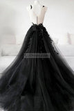 Black Applique V-Neck Spaghetti Straps Princess Prom Ball Gown Dresses
