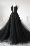 Black Applique V-neck Spaghetti Straps Princess Ball Gown