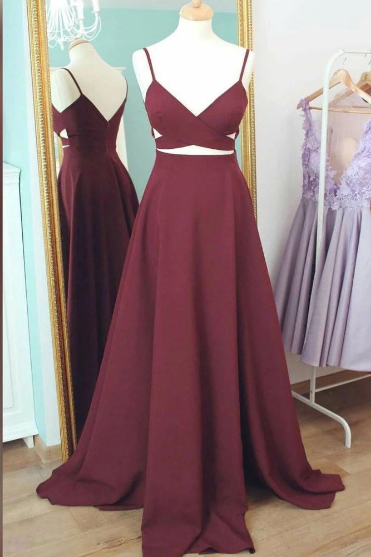 Burgundy Cut Out Spaghetti Straps A-line Prom Dress