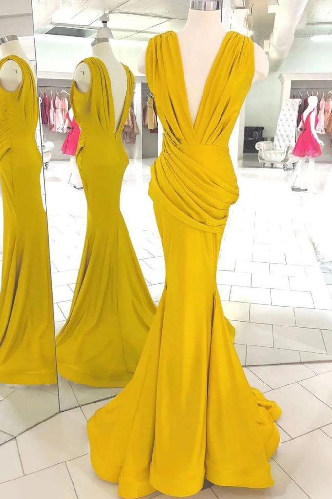 Yellow Deep V-neck Open Back Ruffled Mermaid Long Prom Dress