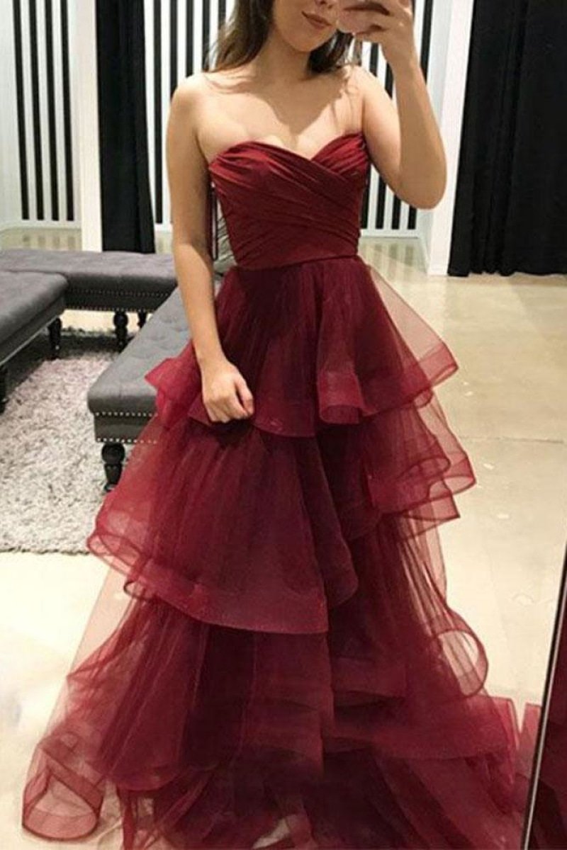 Burgundy Strapless Sweetheart Ruffled A-Line Ball Gown Prom Dress Dresses