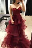 Burgundy Strapless Sweetheart Ruffled A-Line Ball Gown Prom Dress Dresses