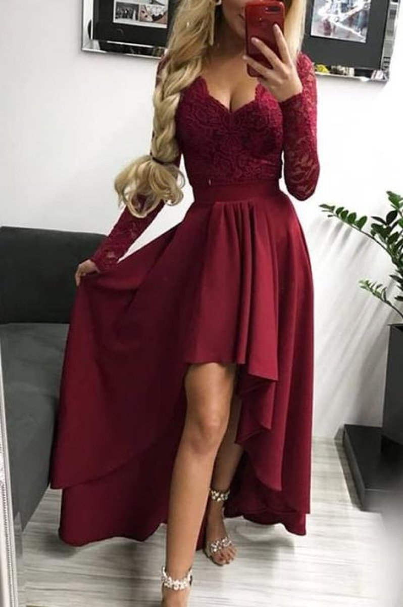 Burgundy V-neck High Low Lace Prom Dress With Sleeves
