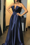 Glamorous Dark Navy A-Line Strapless V-neck Prom Evening Dress