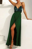 Sexy Hunter V-neck Criss-Cross Strap Sequins Halter Slit Prom Dress