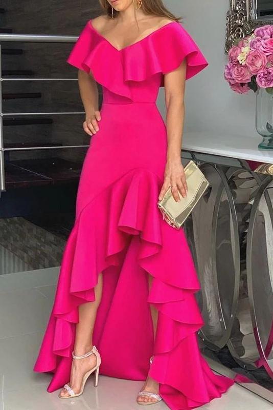 Fuchsia Off Shoulder Ruffled Prom Dress