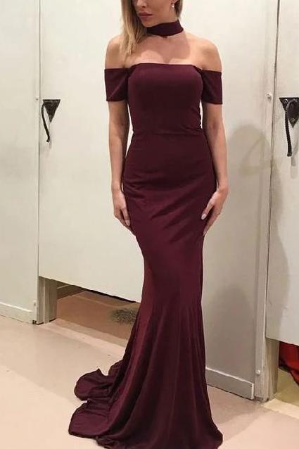 Simple Burgundy Off Shoulder Mermaid Long Prom Dress