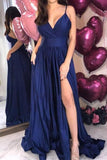 Navy Blue Spaghetti Straps Sleeveless A-line Prom Evening Dress