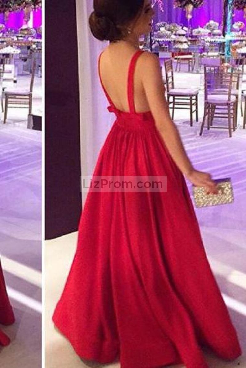 Red Deep V-neck A-Line Backless Ball Gown Evening Prom Dresses