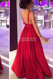 Red Deep V-neck A-Line Backless Ball Gown Evening Prom Dresses