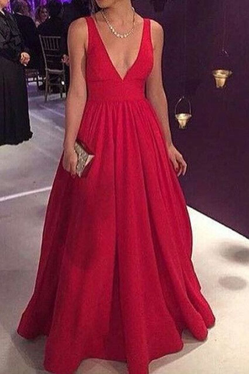 Red Deep V-neck A-Line Backless Ball Gown Evening Prom Dresses