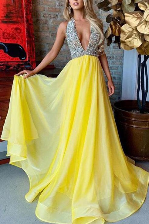 A-line Daffodil Beaded Deep V-neck Halter Prom Dress