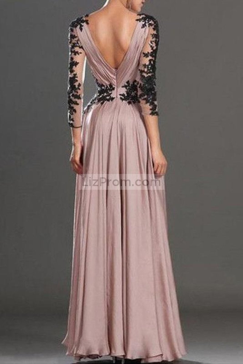 A-line Deep V-neck Applique Evening Dress With Long Sleeves