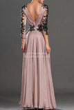 A-line Deep V-neck Applique Evening Dress With Long Sleeves